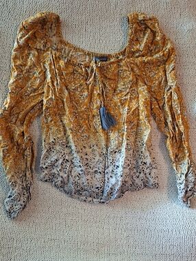 Democracy Mustard Floral Ombre Tassel Peasant Blouse